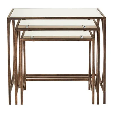 Mirrored Glass Top Nest Of 3 Tables With Bronze Metal Frame, Avantis