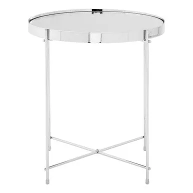 Mirrored Glass Round Top Side Table With Silver Chrome Band & Slim Metal Legs, Allure