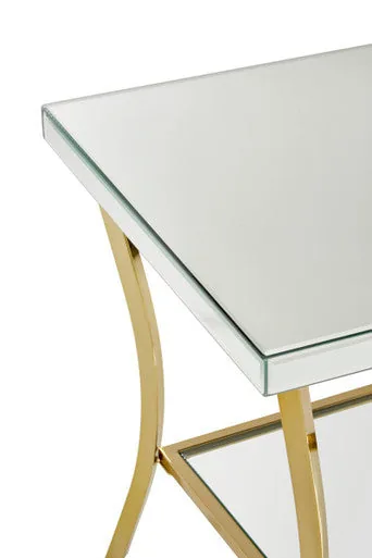 Glossy Black Top Mirror Side Table With Reflective Gold Curved Iron Legs, Kensington Townhouse