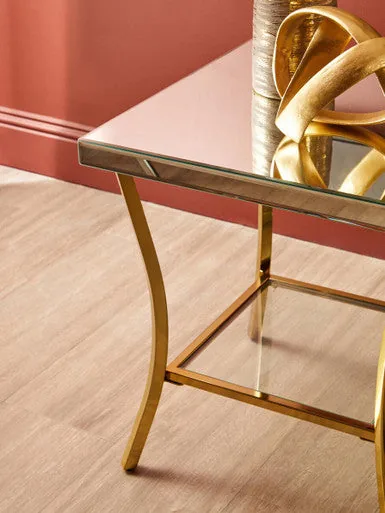 Glossy Black Top Mirror Side Table With Reflective Gold Curved Iron Legs, Kensington Townhouse