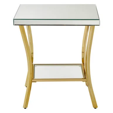 Glossy Black Top Mirror Side Table With Reflective Gold Curved Iron Legs, Kensington Townhouse