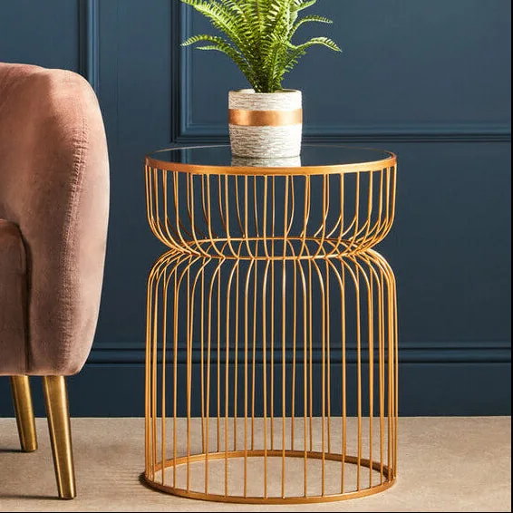 Gold Metal Wireframe Round Side Table With Mirrored Top, Avantis