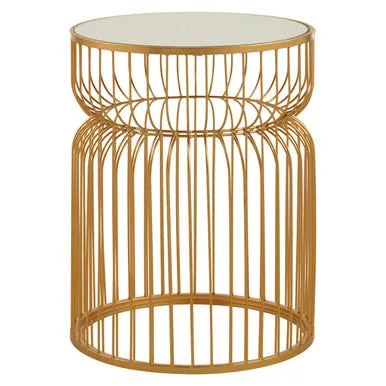 Gold Metal Wireframe Round Side Table With Mirrored Top, Avantis