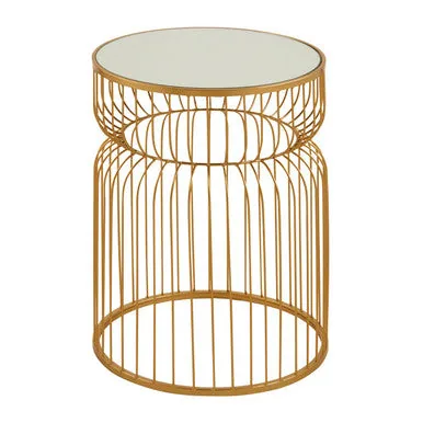 Gold Metal Wireframe Round Side Table With Mirrored Top, Avantis