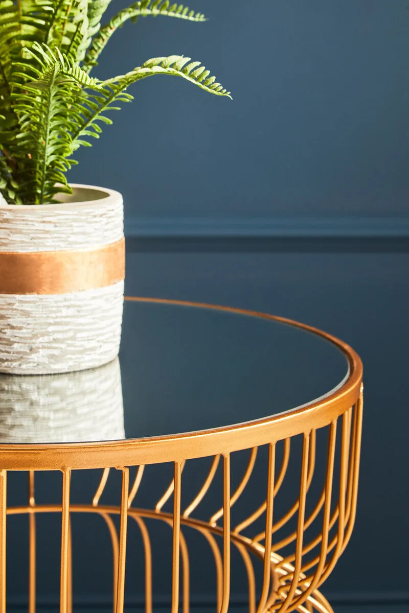 Gold Metal Wireframe Round Side Table With Mirrored Top, Avantis