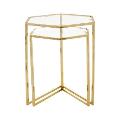 Gold Geometric Stainless Steel Set Of 2 Side Table With Mirrored Glass Top, Herber