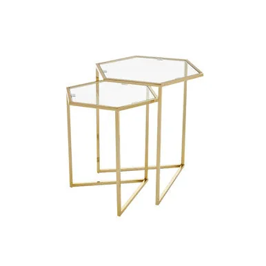 Gold Geometric Stainless Steel Set Of 2 Side Table With Mirrored Glass Top, Herber