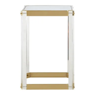 Clear Mirrored Top Side Table With Clear Acrylic Legs & Gold Frame, Miley
