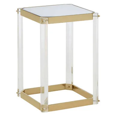 Clear Mirrored Top Side Table With Clear Acrylic Legs & Gold Frame, Miley