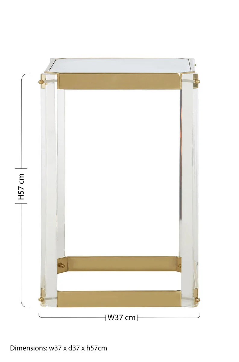 Clear Mirrored Top Side Table With Clear Acrylic Legs & Gold Frame, Miley