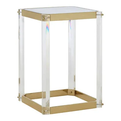 Clear Mirrored Top Side Table With Clear Acrylic Legs & Gold Frame, Miley