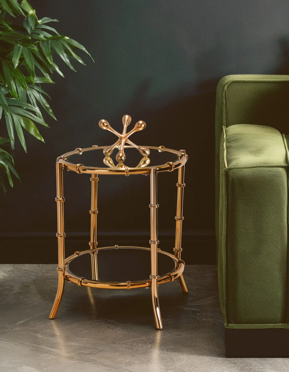 Clear Mirrored Top Side Table With Ring Clasp Detail & Gold Iron Base, Kensington Townhouse
