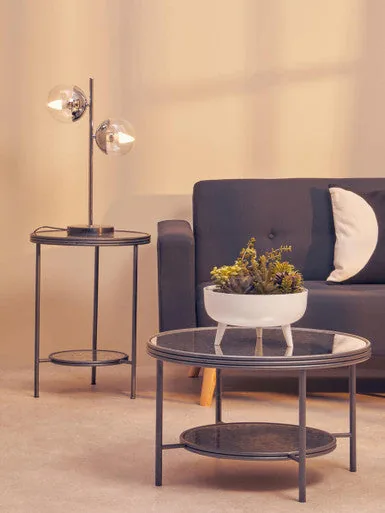 Black & Silver Metal Frame 2-Tier Side Table With Round Mirrored Glass Top, Xania
