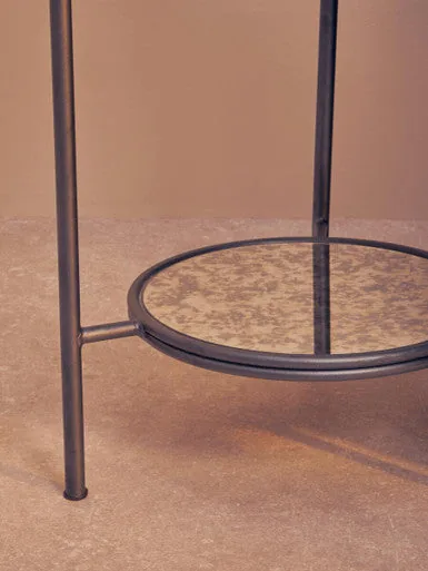 Black & Silver Metal Frame 2-Tier Side Table With Round Mirrored Glass Top, Xania