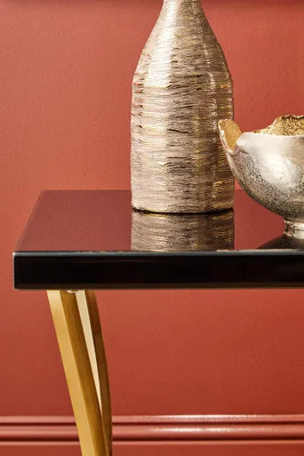 Black Mirror Glass Top & Wooden Side Table With Reflective Gold Curved Iron Legs, Kensington Townhouse