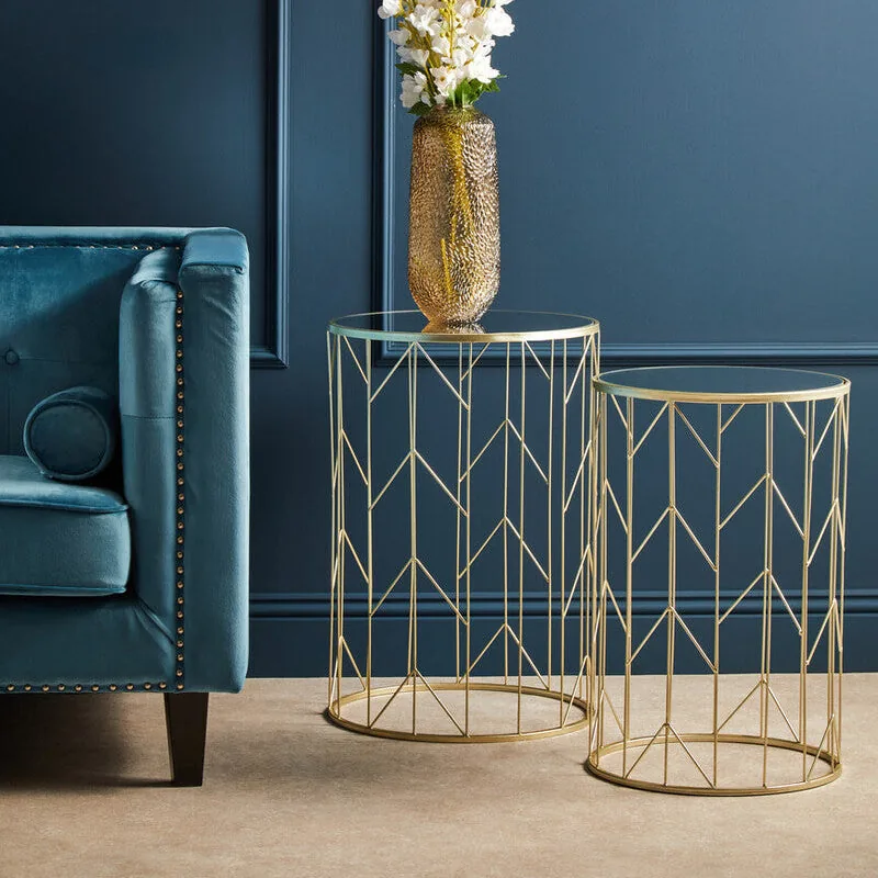 Art Deco Set Of Two Champagne Metal Base Side Tables With Reflective Mirrored Tops, Avantis