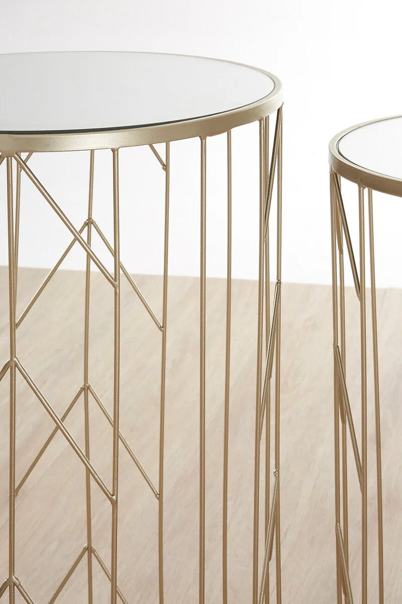 Art Deco Set Of Two Champagne Metal Base Side Tables With Reflective Mirrored Tops, Avantis