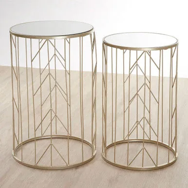Art Deco Set Of Two Champagne Metal Base Side Tables With Reflective Mirrored Tops, Avantis