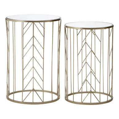 Art Deco Set Of Two Champagne Metal Base Side Tables With Reflective Mirrored Tops, Avantis