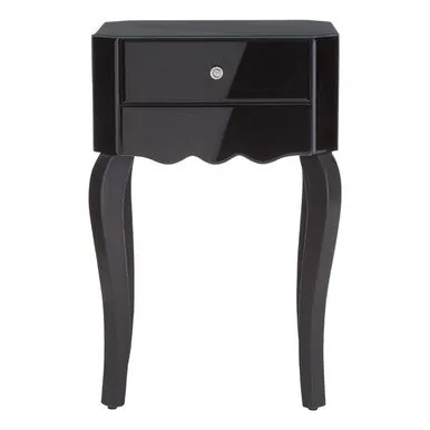 1 Drawer Black Mirrored Glass Top Side Table, Orchid