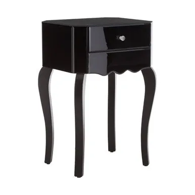 1 Drawer Black Mirrored Glass Top Side Table, Orchid
