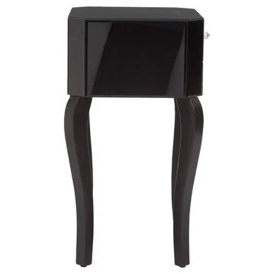 1 Drawer Black Mirrored Glass Top Side Table, Orchid