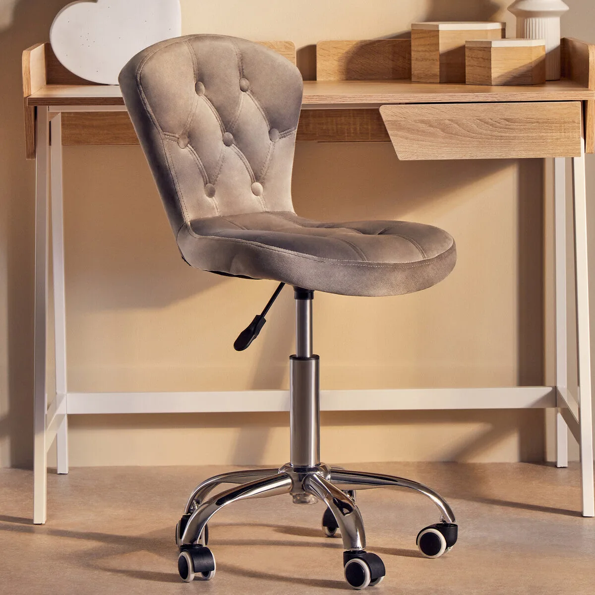 Fayth Grey Velvet Buttoned Home Office Chair