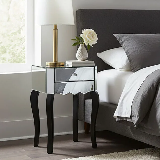 2 Drawer Mirrored Glass Side Top Bedside Table, Orchid