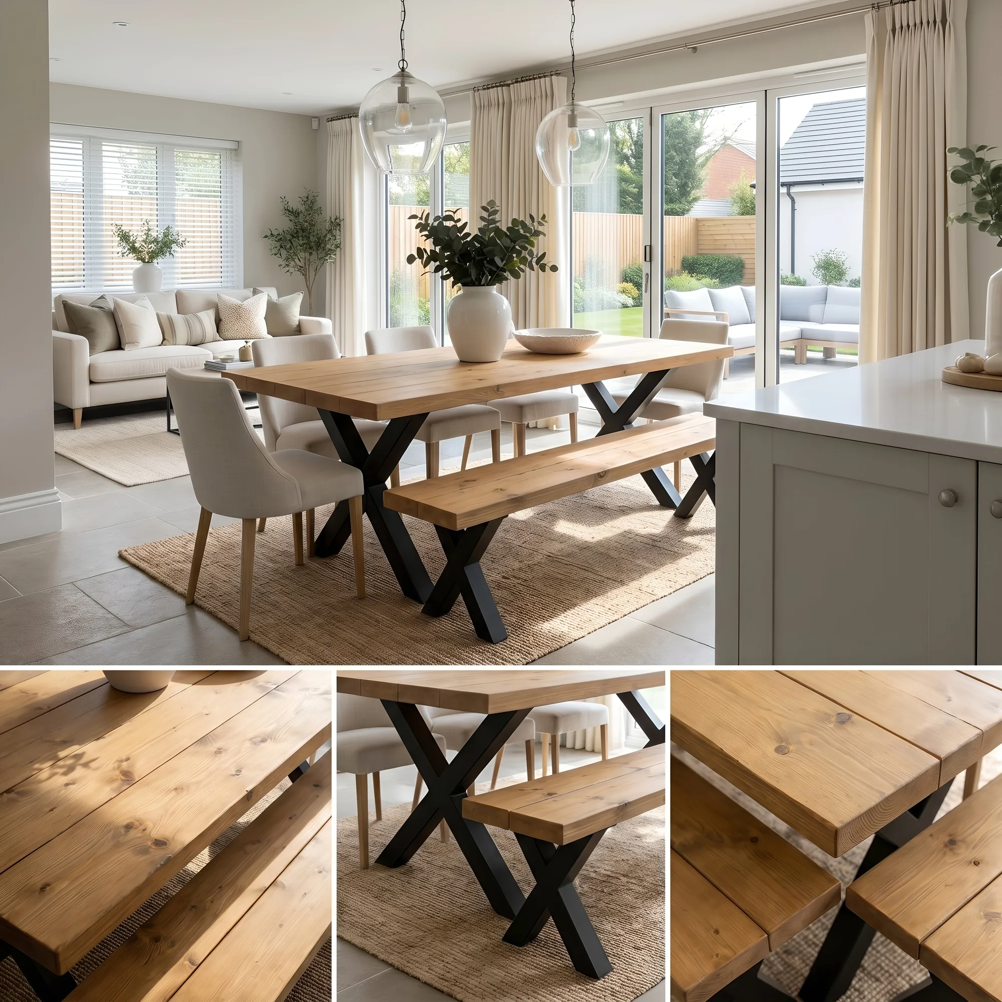 Farmhouse Dining Table With Bench and Black Metal Cross Legs
