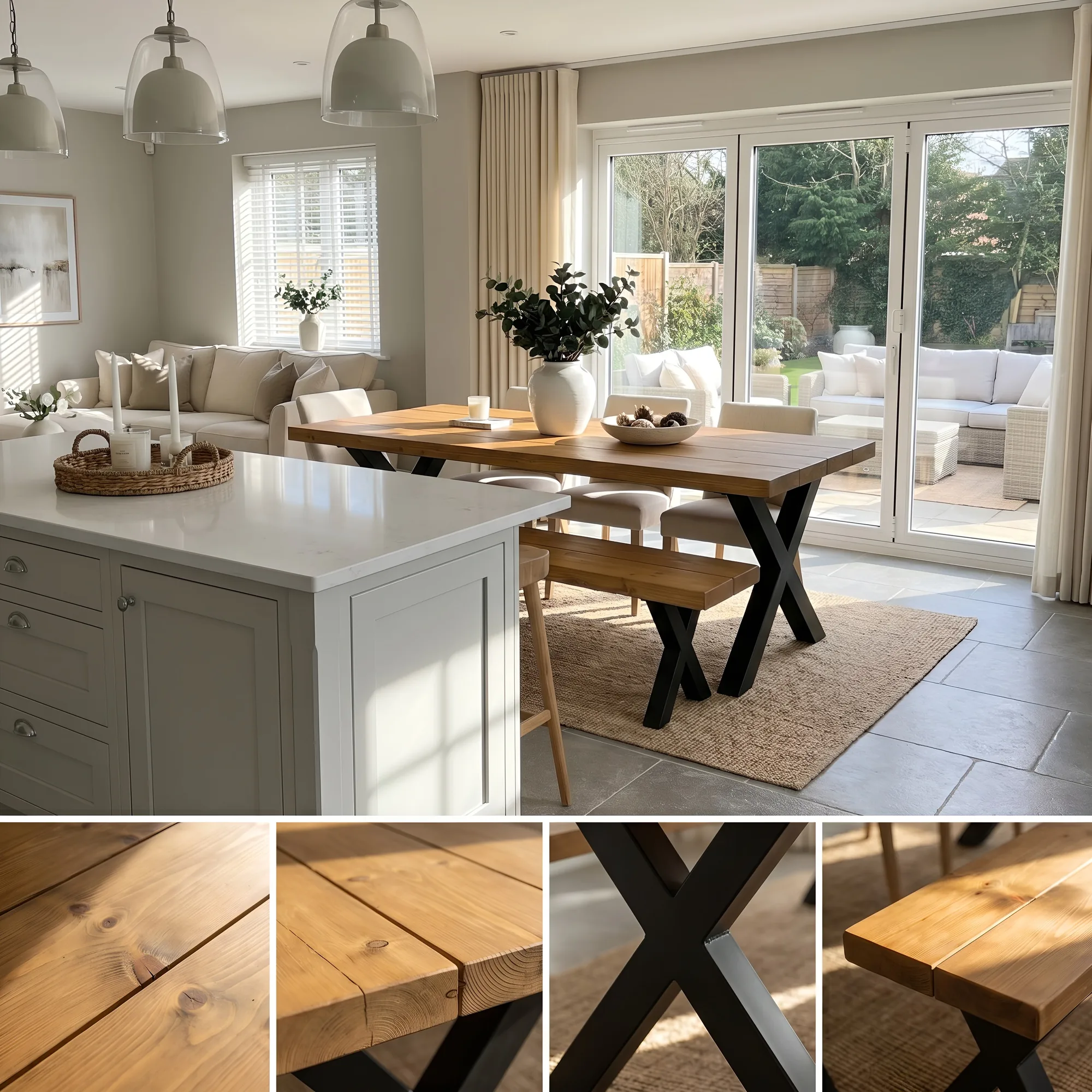 Farmhouse Dining Table With Bench and Black Metal Cross Legs