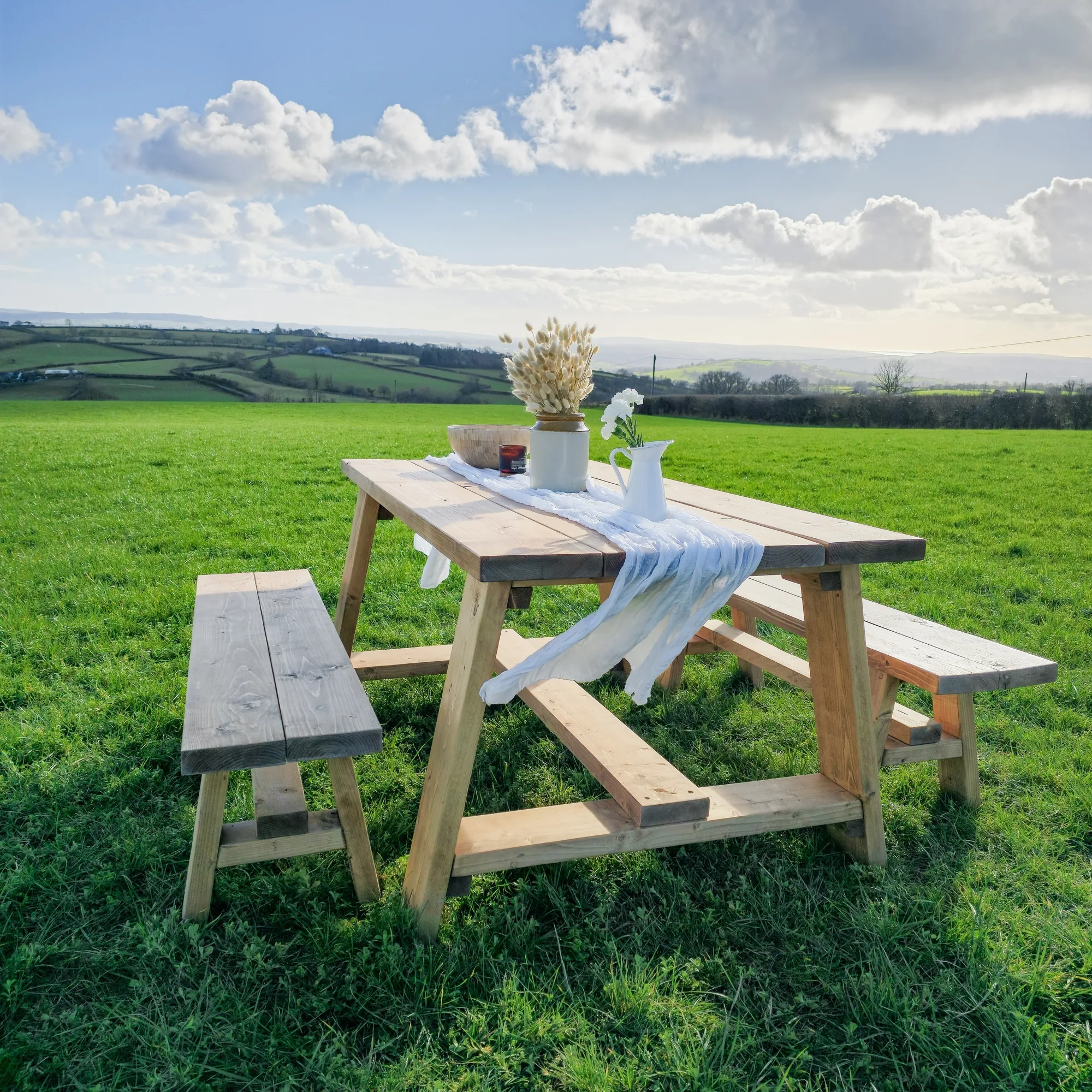 Farmhouse Outdoor Table With Timber Legs and Bench