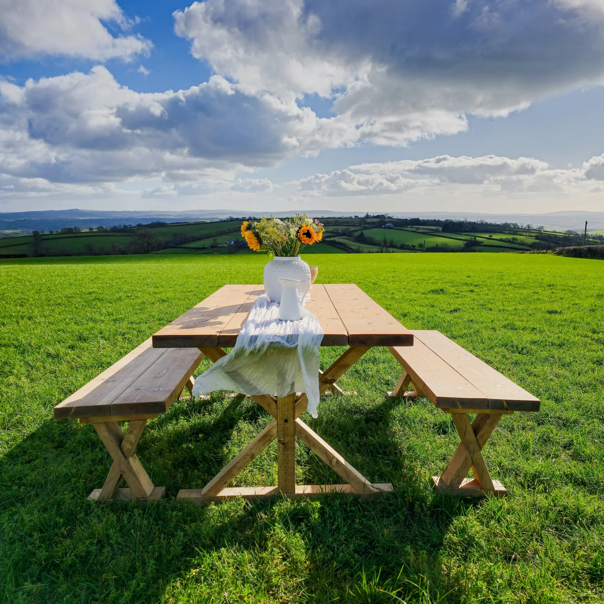 Outdoor Table With Timber Cross Legs and Bench