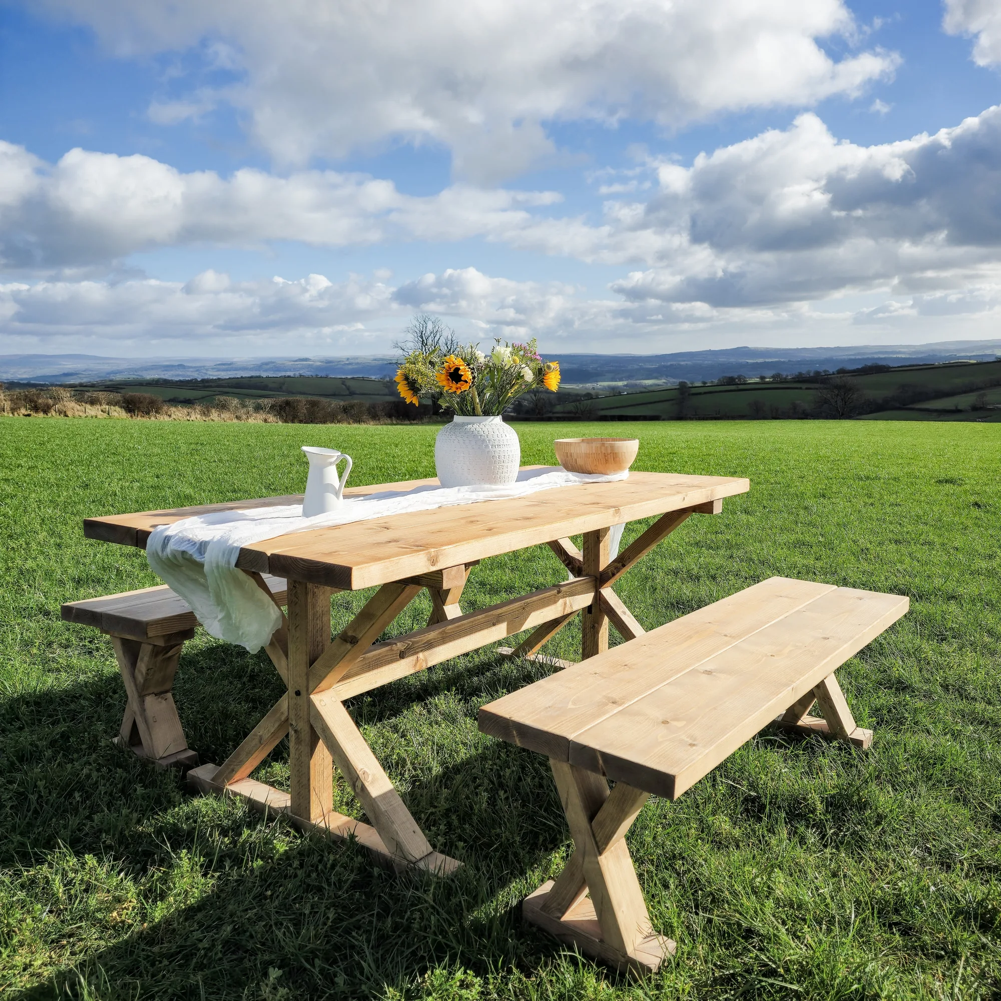 Outdoor Table With Timber Cross Legs and Bench