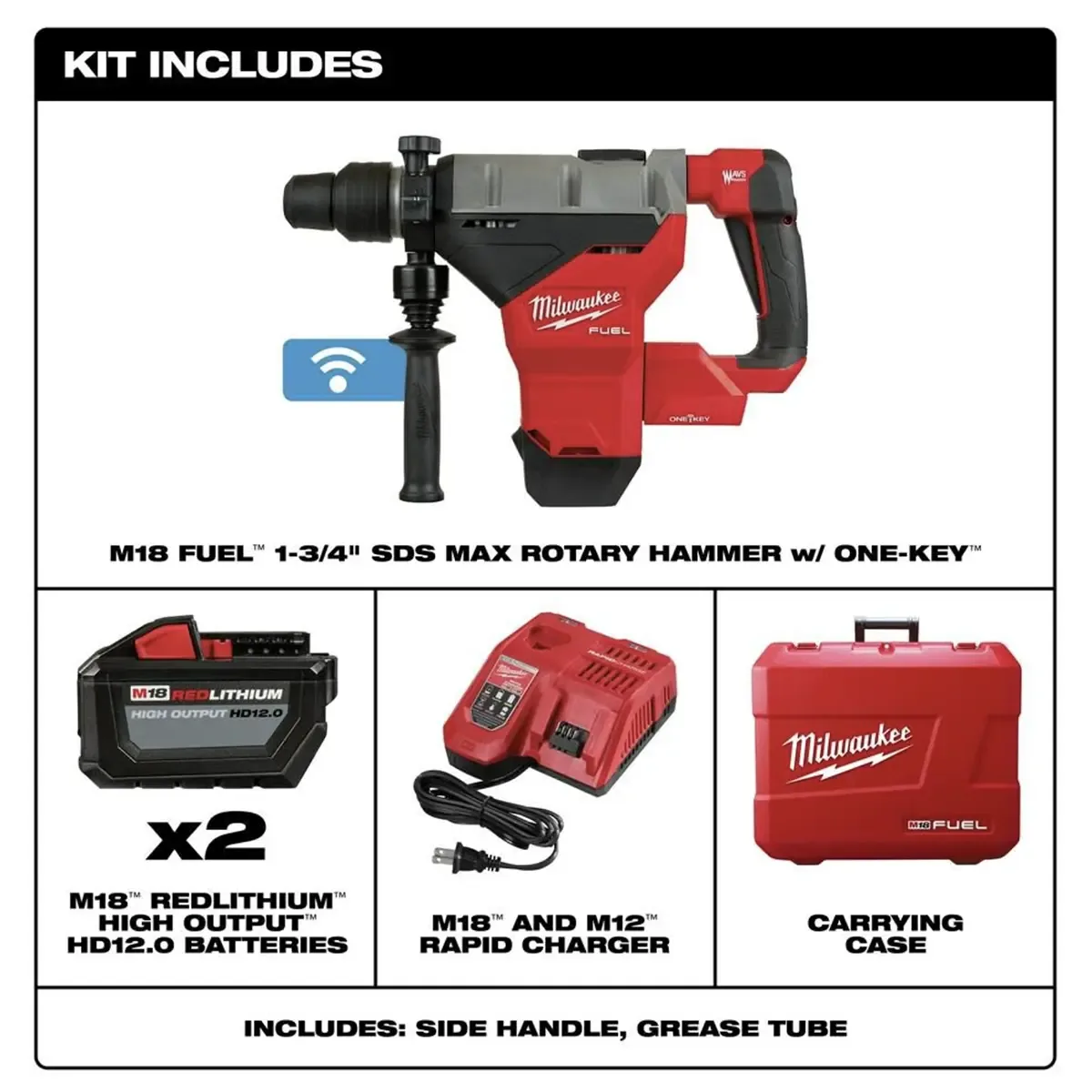 Cordless Milwaukee 1-3/4 inch SDS Max hammer drill with batteries