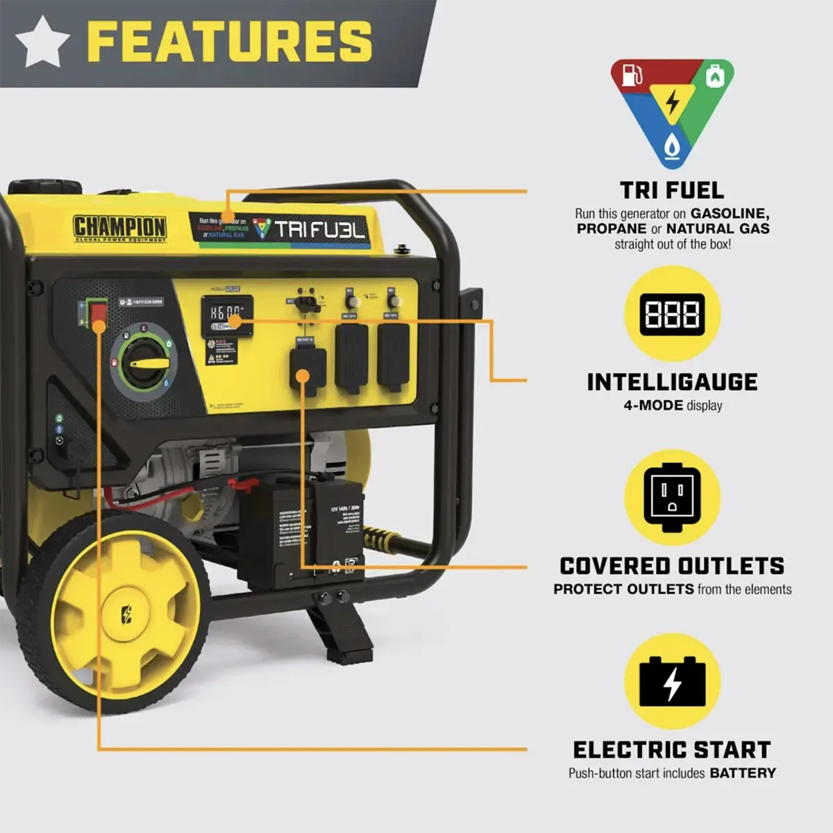 Champion 6500 Watt Tri Fuel Portable Generator Electric Start with CO Shield