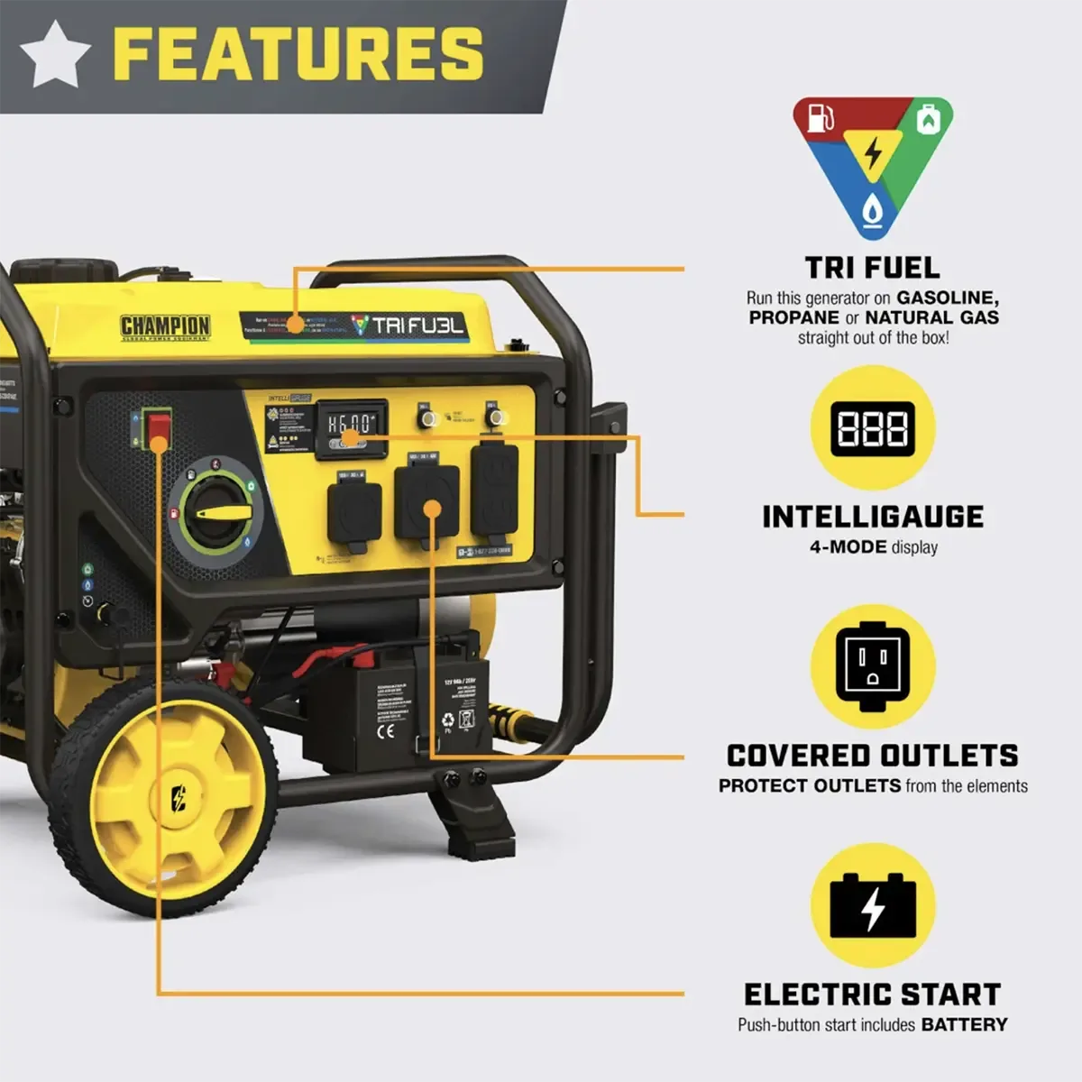 Champion 4000 Watt Tri Fuel Portable Generator Electric Start + CO Shield