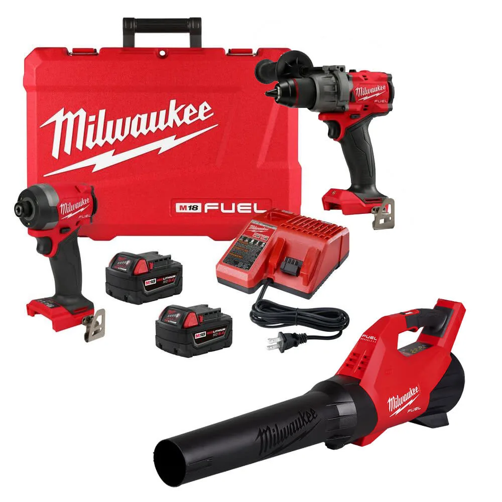 Milwaukee M18 FUEL 1/2 Inch Hammer Drill, 1/4 Inch Impact Driver & Blower Combo Kit Bundle