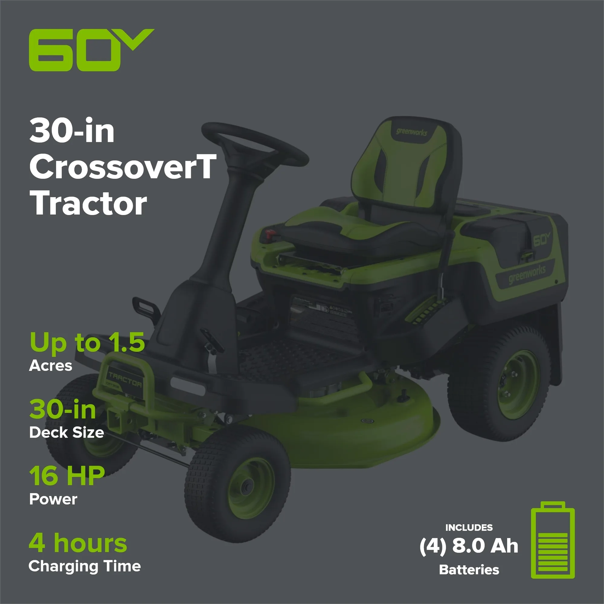 60V 30″ CrossoverT Riding Lawn Tractor with (4) 8.0 Ah Batteries and 600-Watt Charger