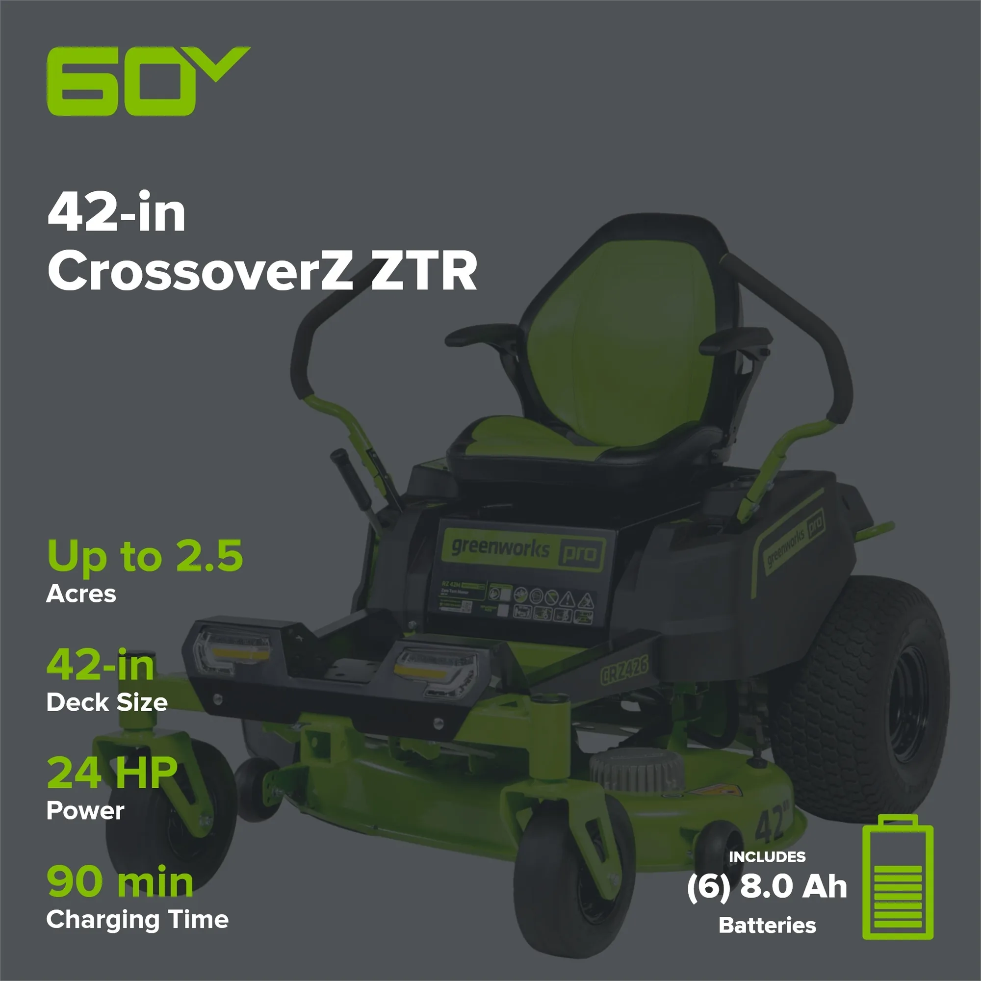 60V 42” Electric CrossoverZ Zero Turn Mower with (6) 8 Ah Batteries and (3) Dual Port Turbo Chargers