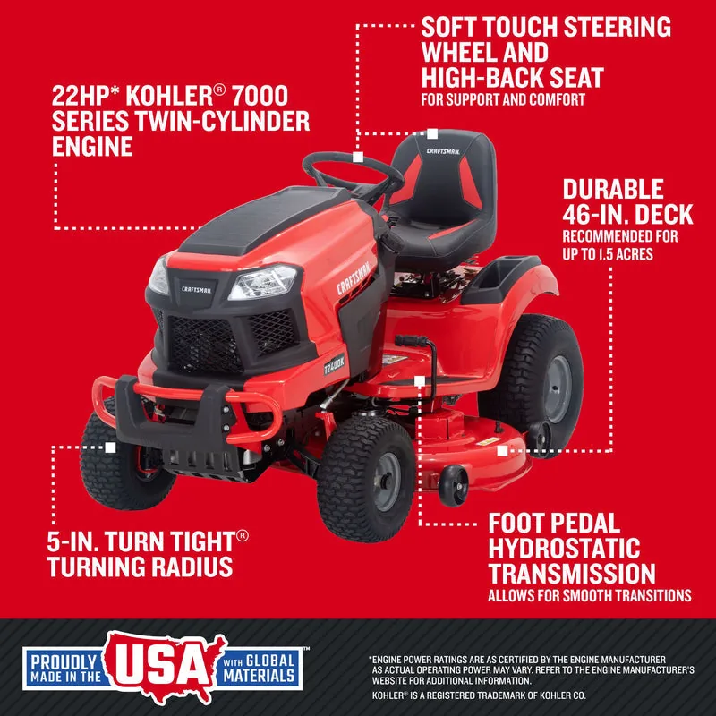 CRAFTSMAN T2400K | 46in 22HP TURN TIGHT Gas Riding Lawn Mower | KOHLER Twin-Cylinder 7000 Series Engine | Hydrostatic Transmission